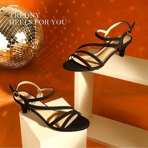 Womens dressy strappy 2” low kitten heels black shoes